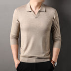 Dione | Men's Long Sleeve Polo Shirt | V-Neck, Ribbed Trim | Beige