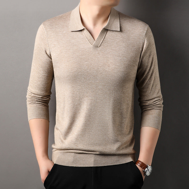 Dione | Men's Long Sleeve Polo Shirt | V-Neck, Ribbed Trim | Beige
