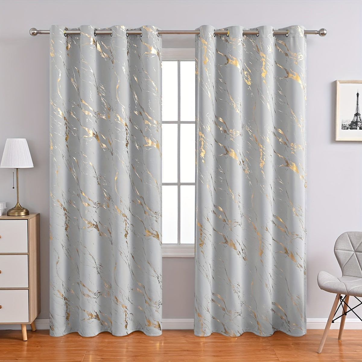 2 Piece Blackout Curtains Marble Print Ring Top