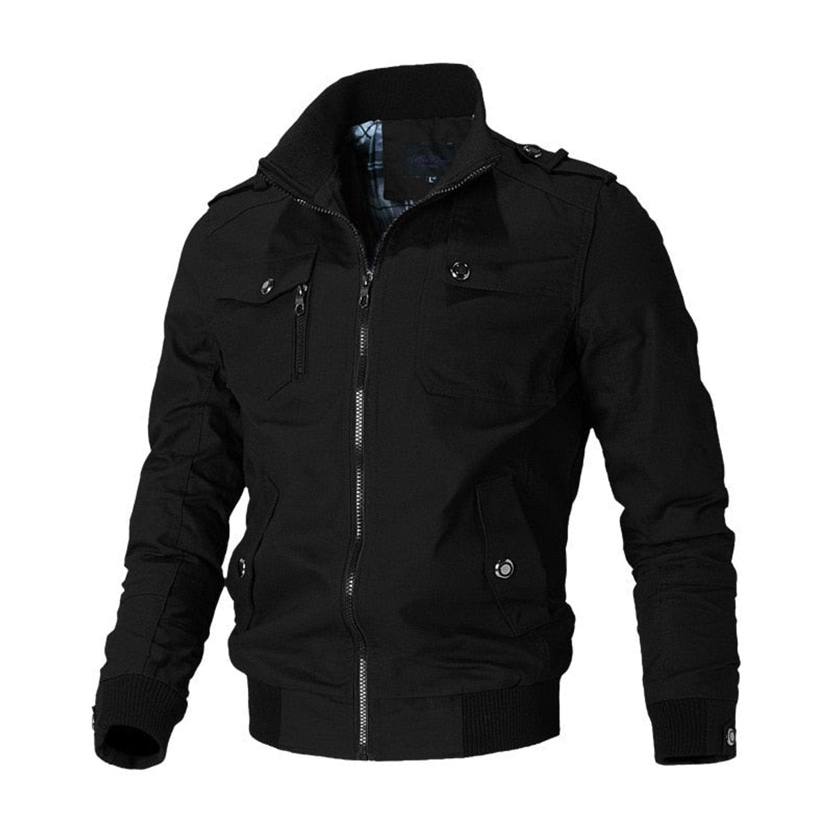 Men cotton blend military bomber jacket with shoulder epaulettes and zip pockets