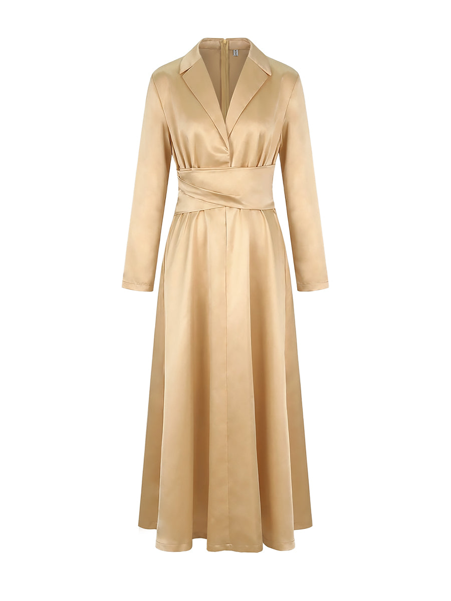 Lena | Maxi Dress | A-Line, High Waist, V-Neck, Long Sleeve | Pleated
