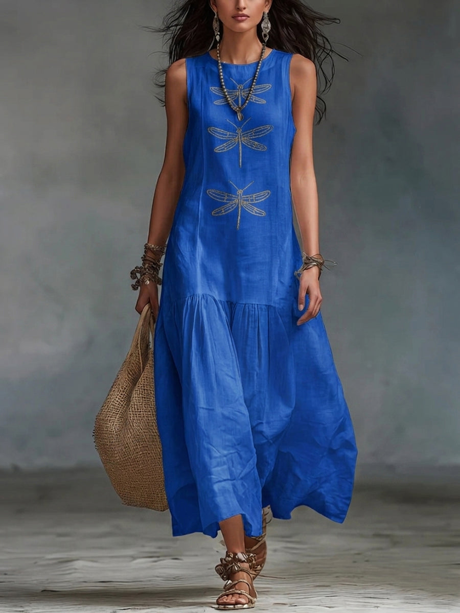 Linen Dress Women Long Cotton Blend Bohemian Dragonfly Embroidered