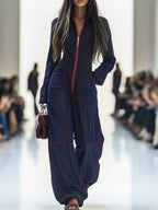 Women Denim Jumpsuit Wide Leg Long Sleeve Stand Collar Zip | Jolie