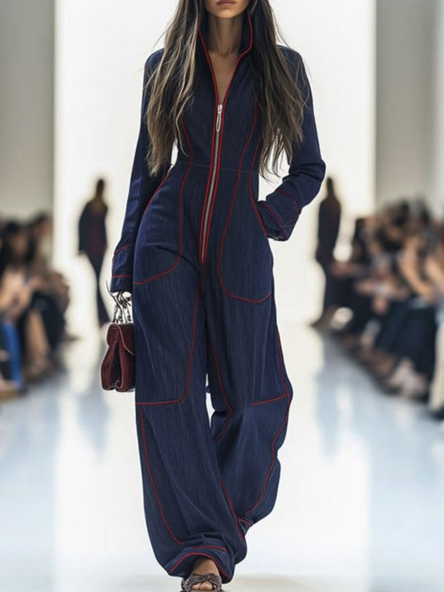 Women Denim Jumpsuit Wide Leg Long Sleeve Stand Collar Zip | Jolie