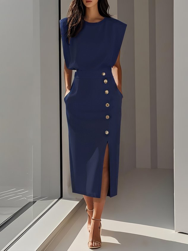 Calla | Women's Midi Dress | Round Neckline, Button Slit | Structured
