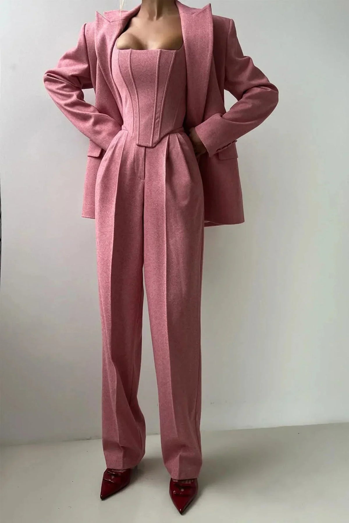 Oversized Blazer 3 Piece Set Women Wide Leg Pants Corset | Faye