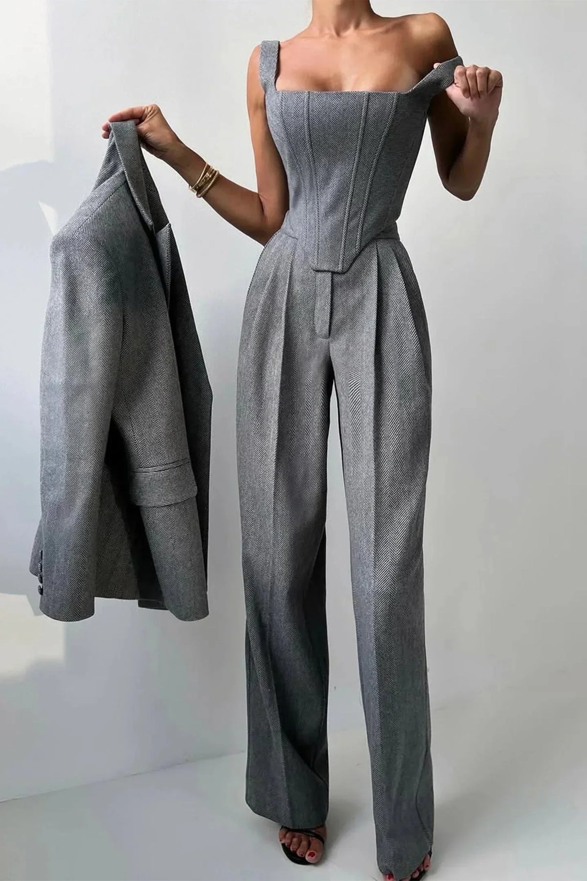 Oversized Blazer 3 Piece Set Women Wide Leg Pants Corset | Faye