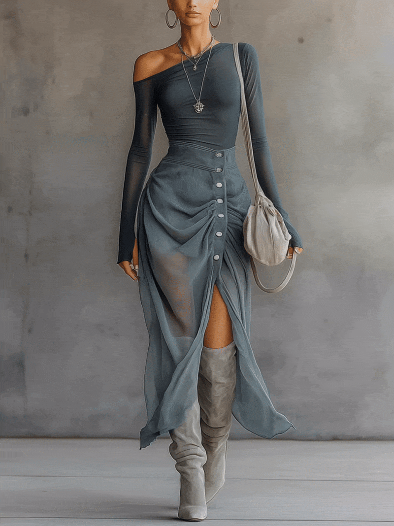 Maxi Dress Women Chiffon Off Shoulder Slit Floor Length | Tindra