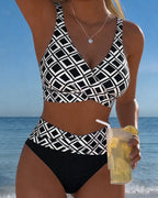 High Waist Bikini Set Women Checkered Two Piece Wireless Bra