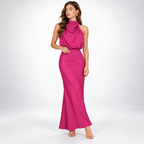 Satin Dress Women Midi Asymmetric Neckline Lightweight
