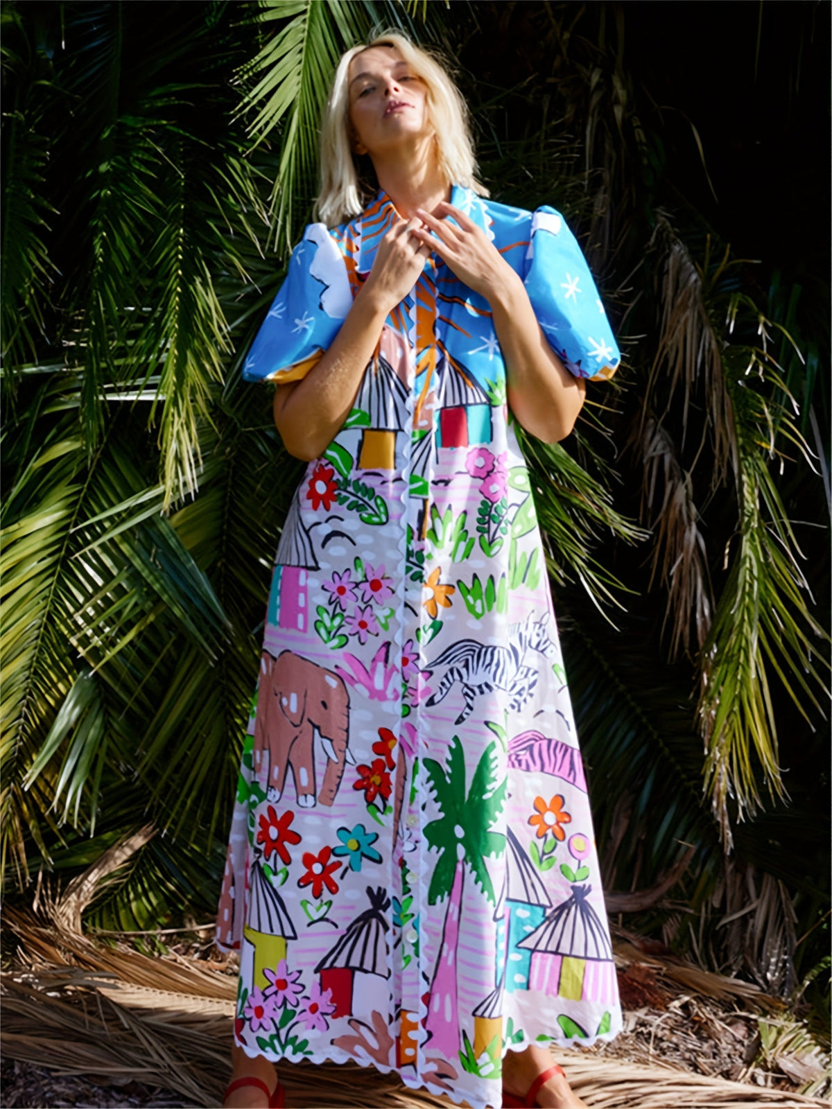 Galia | Midi Dress | Tropical Print, Lapel Neckline, Summer