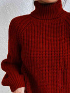 Women Ribbed Knit Turtleneck Sweater Side Slit