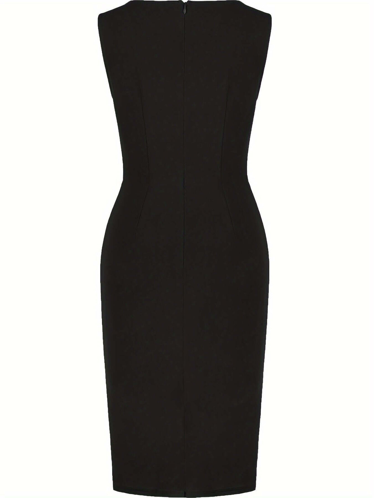 Women asymmetric hem pencil dress in black stretch knit fitted silhouette