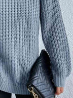 Women Ribbed Knit Turtleneck Sweater Side Slit