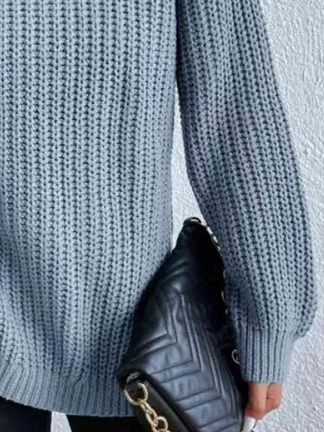 Women Ribbed Knit Turtleneck Sweater Side Slit