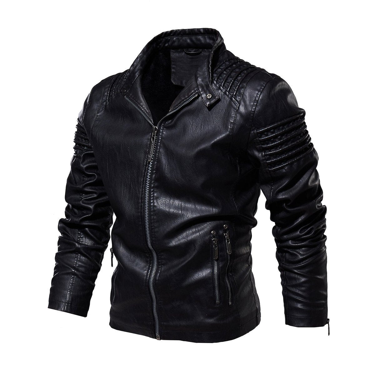 Quinn | Men's Faux Leather Jacket | Biker Style, Ribbed Sleeves | Fleece Lined