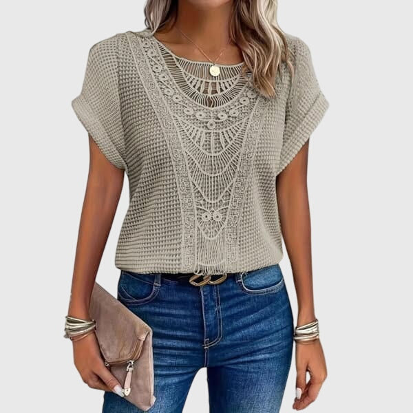 Mila | Women's Openwork Blouse | Short Sleeve, Round Neck | Loose Fit
