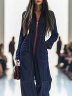 Women Denim Jumpsuit Wide Leg Long Sleeve Stand Collar Zip | Jolie