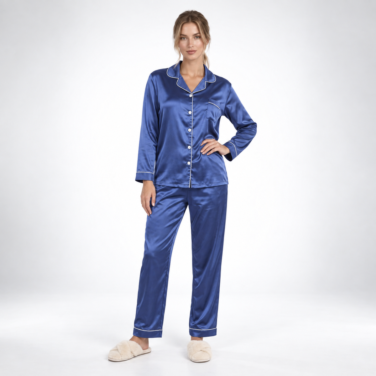 Satin Pajamas Women Two Piece Long Sleeve Collared Shirt Set