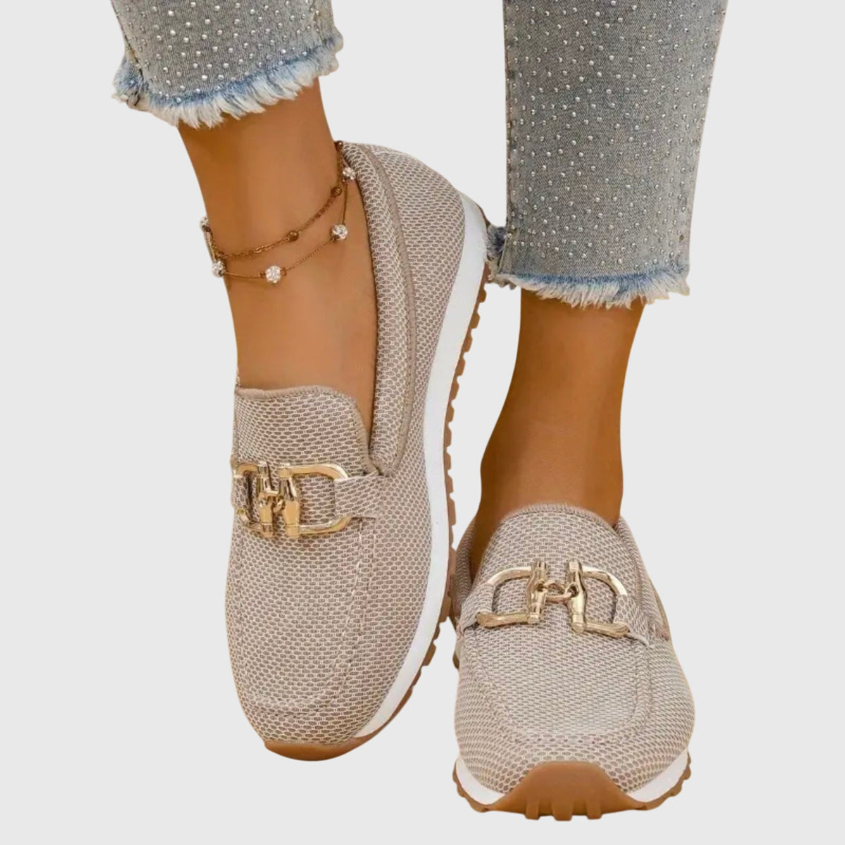 Women orthopedic loafer sneakers slip-on with cushioned insole and gold bit detail