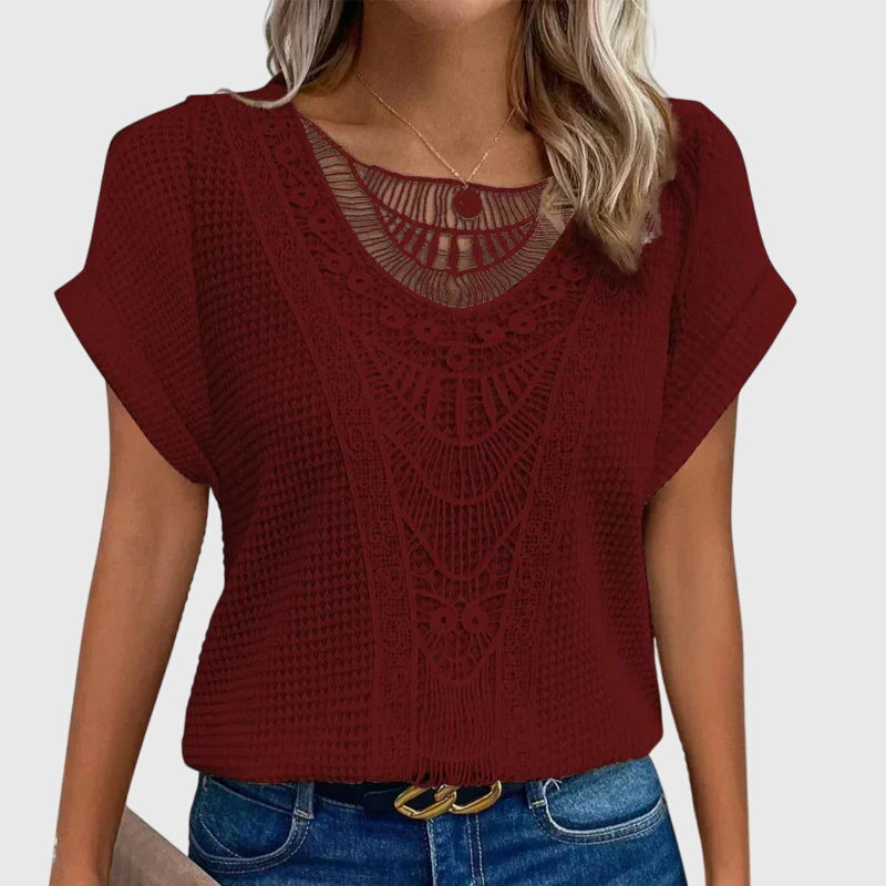 Mila | Women's Openwork Blouse | Short Sleeve, Round Neck | Loose Fit