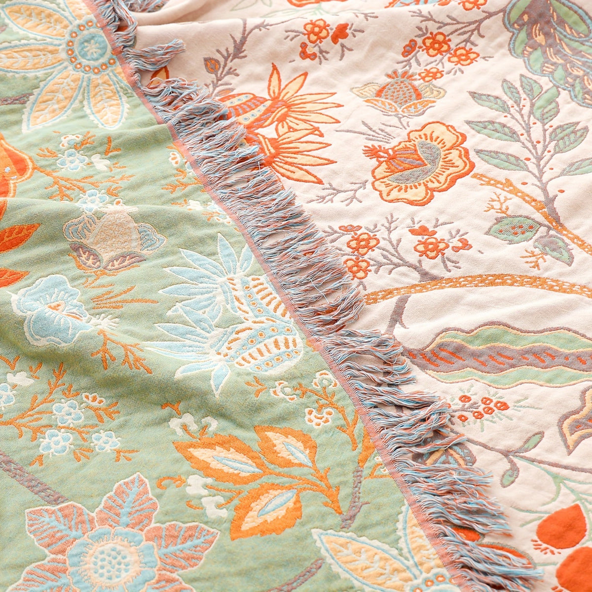 Nina | Throw Blanket | Bohemian Cotton, Tassel, Floral | Cream White, 200x230cm