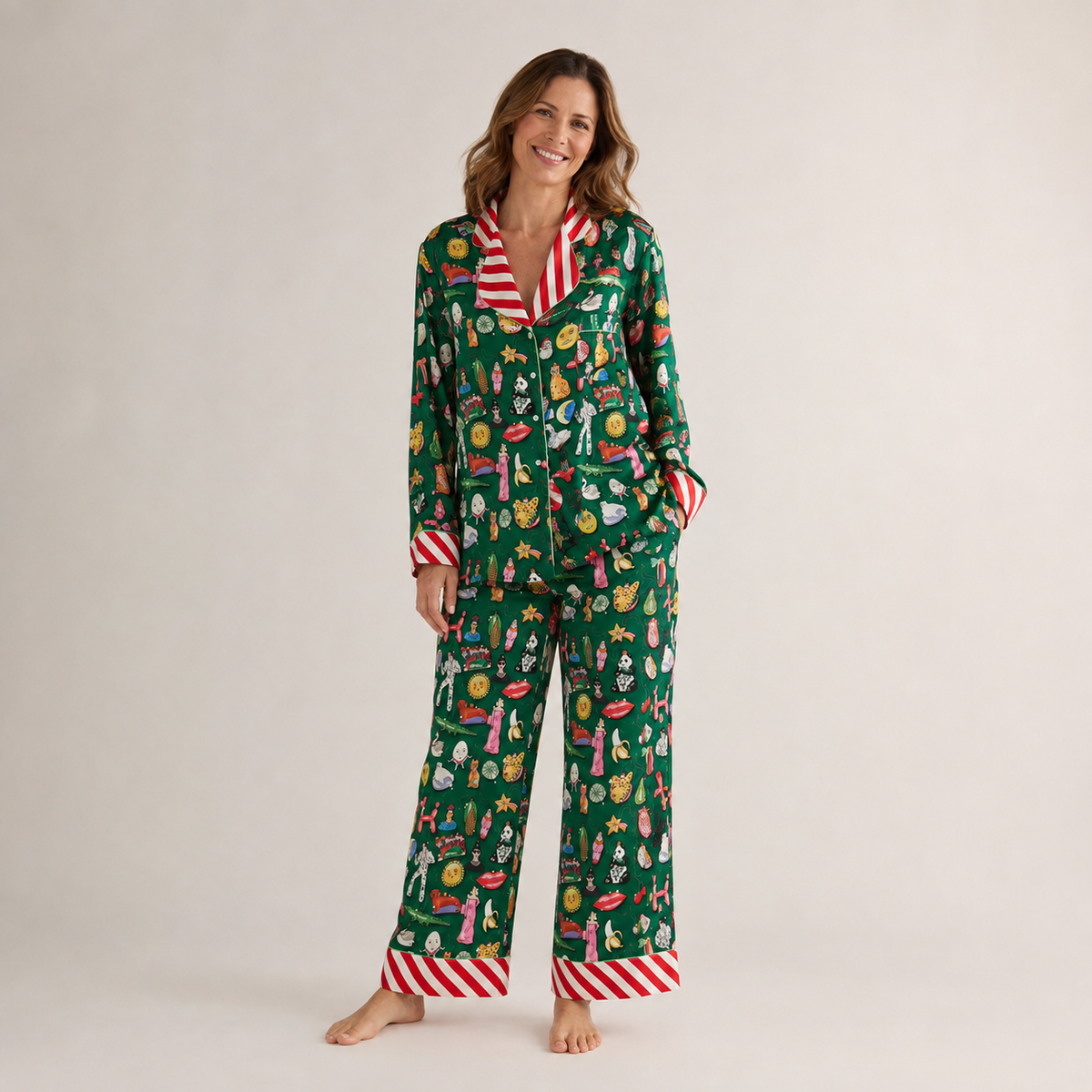 Christmas Pajamas Women Satin 2 Piece Long Sleeve Set Full Length
