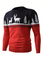 Christmas Sweater Men Reindeer Motif Knit Pullover Crew Neck