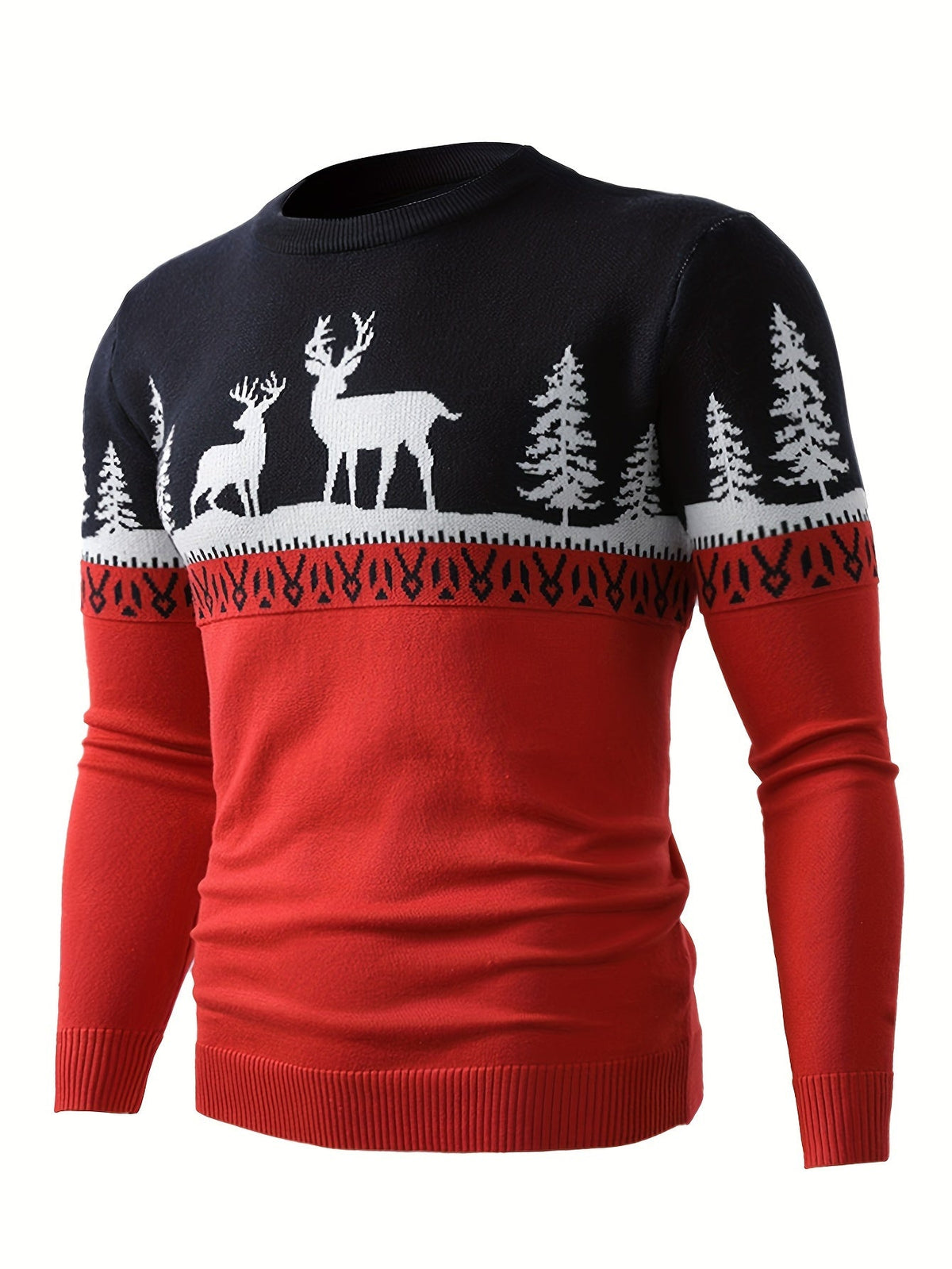 Christmas Sweater Men Reindeer Motif Knit Pullover Crew Neck