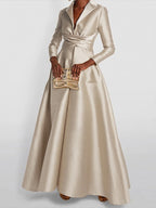 Lena | Maxi Dress | A-Line, High Waist, V-Neck, Long Sleeve | Pleated