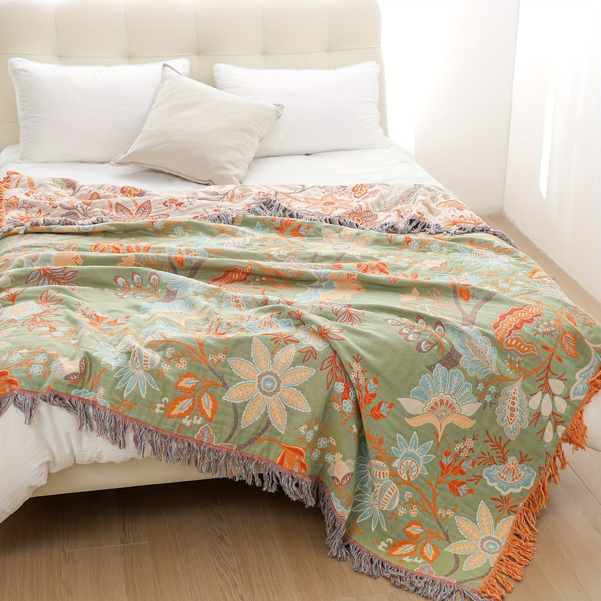 Nina | Throw Blanket | Bohemian Cotton, Tassel, Floral | Cream White, 200x230cm