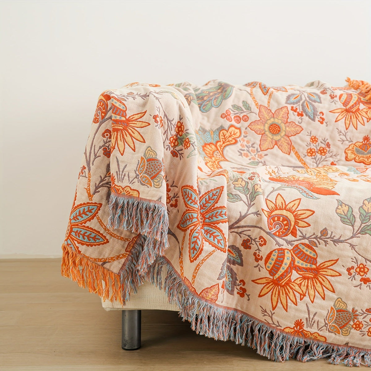 Nina | Throw Blanket | Bohemian Cotton, Tassel, Floral | Cream White, 200x230cm