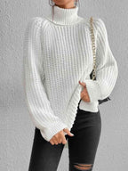 Women Ribbed Knit Turtleneck Sweater Side Slit