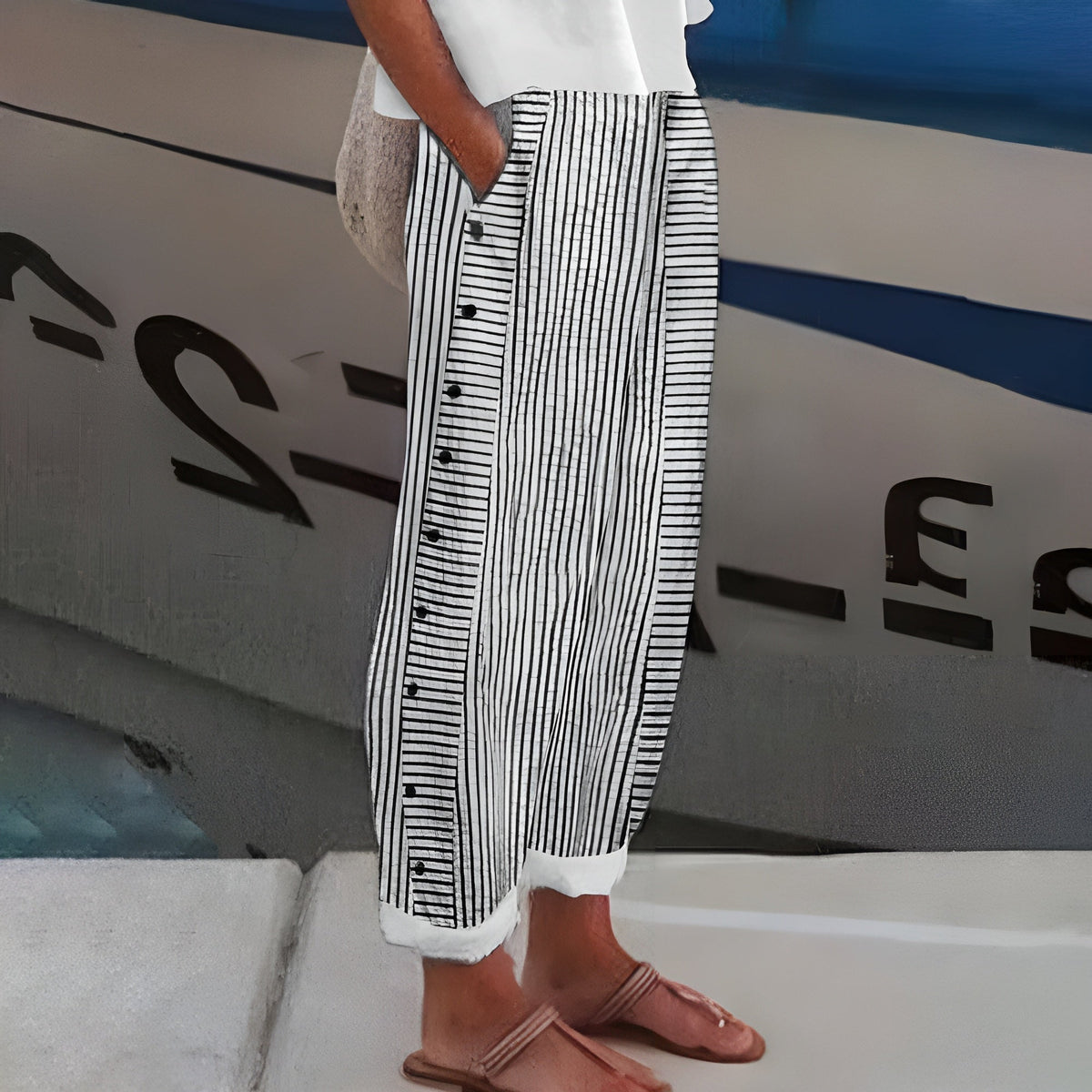 Women Striped Button Detail Casual Pants