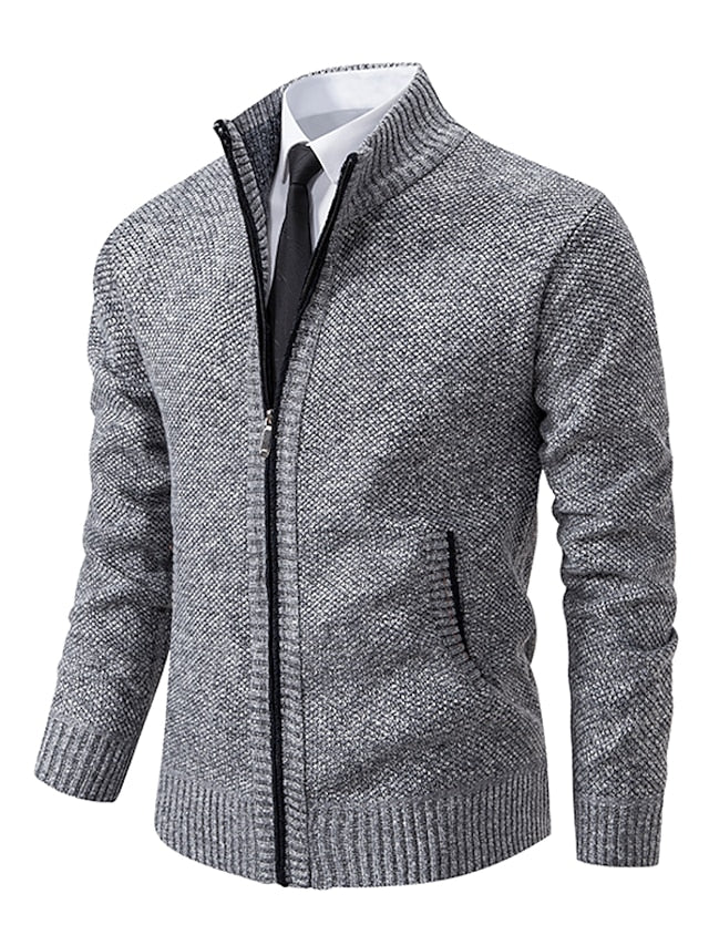 Men Ribbed Knit Full Zip Cardigan Stand Collar