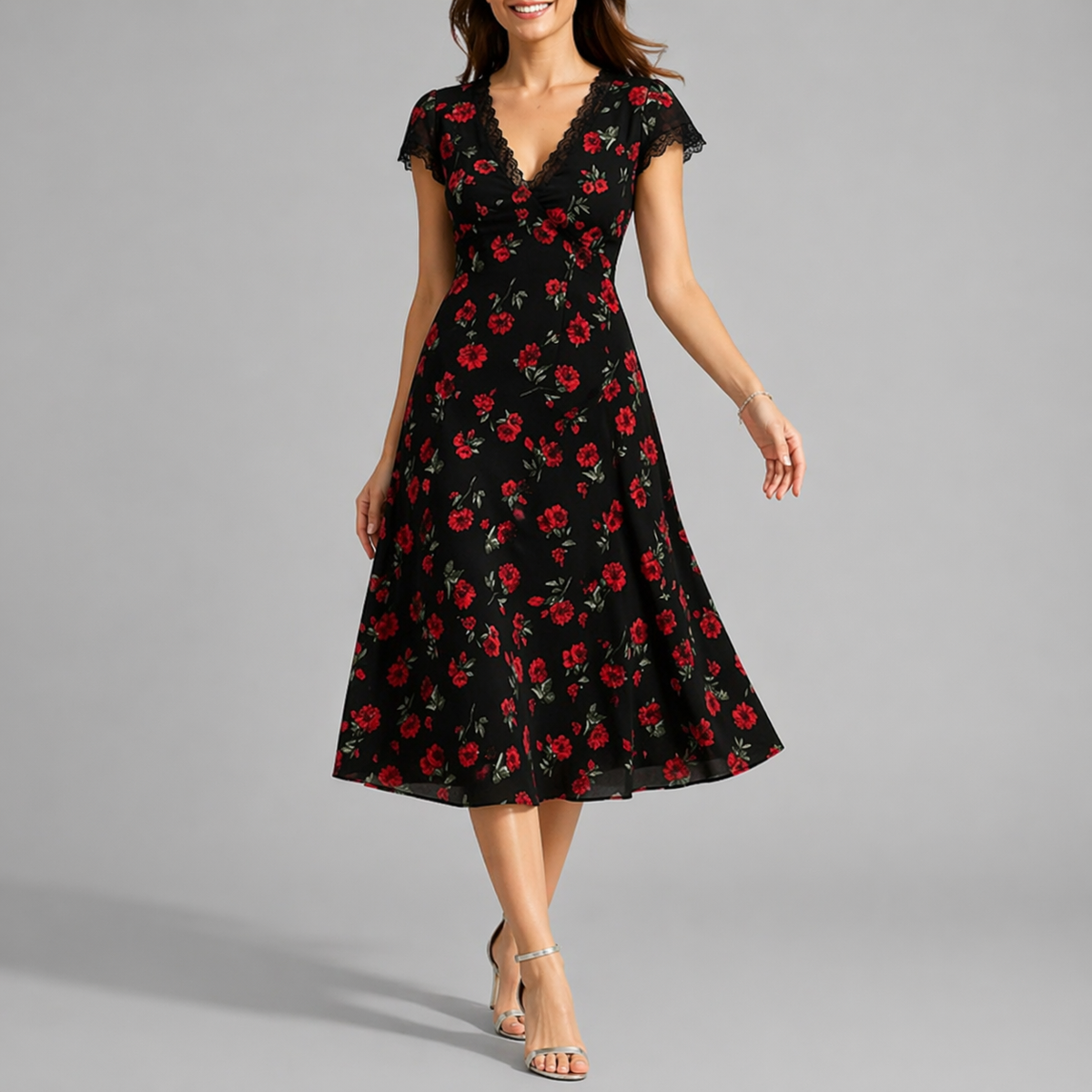 Indra | Floral Midi Dress | V-Neck, Lace Trim, A-Line | Black Floral