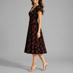 Indra | Floral Midi Dress | V-Neck, Lace Trim, A-Line | Black Floral