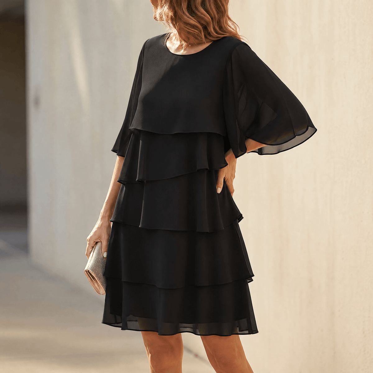 Summer Dress Women Four Tier Ruffle Flutter Sleeve Knee Length