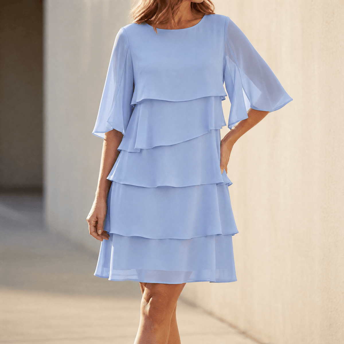 Summer Dress Women Four Tier Ruffle Flutter Sleeve Knee Length