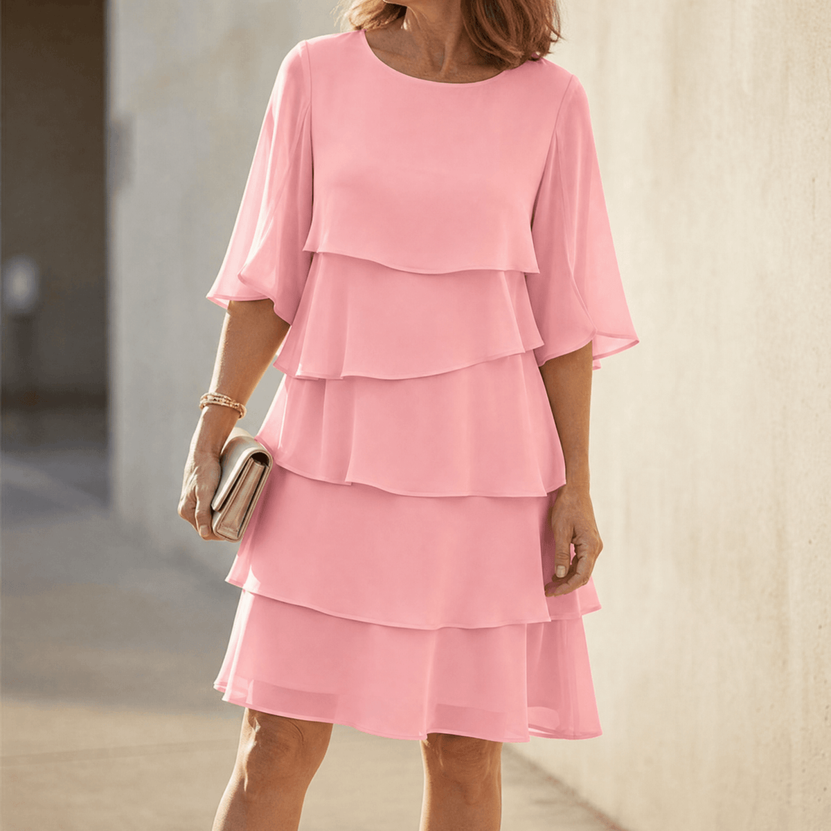 Summer Dress Women Four Tier Ruffle Flutter Sleeve Knee Length
