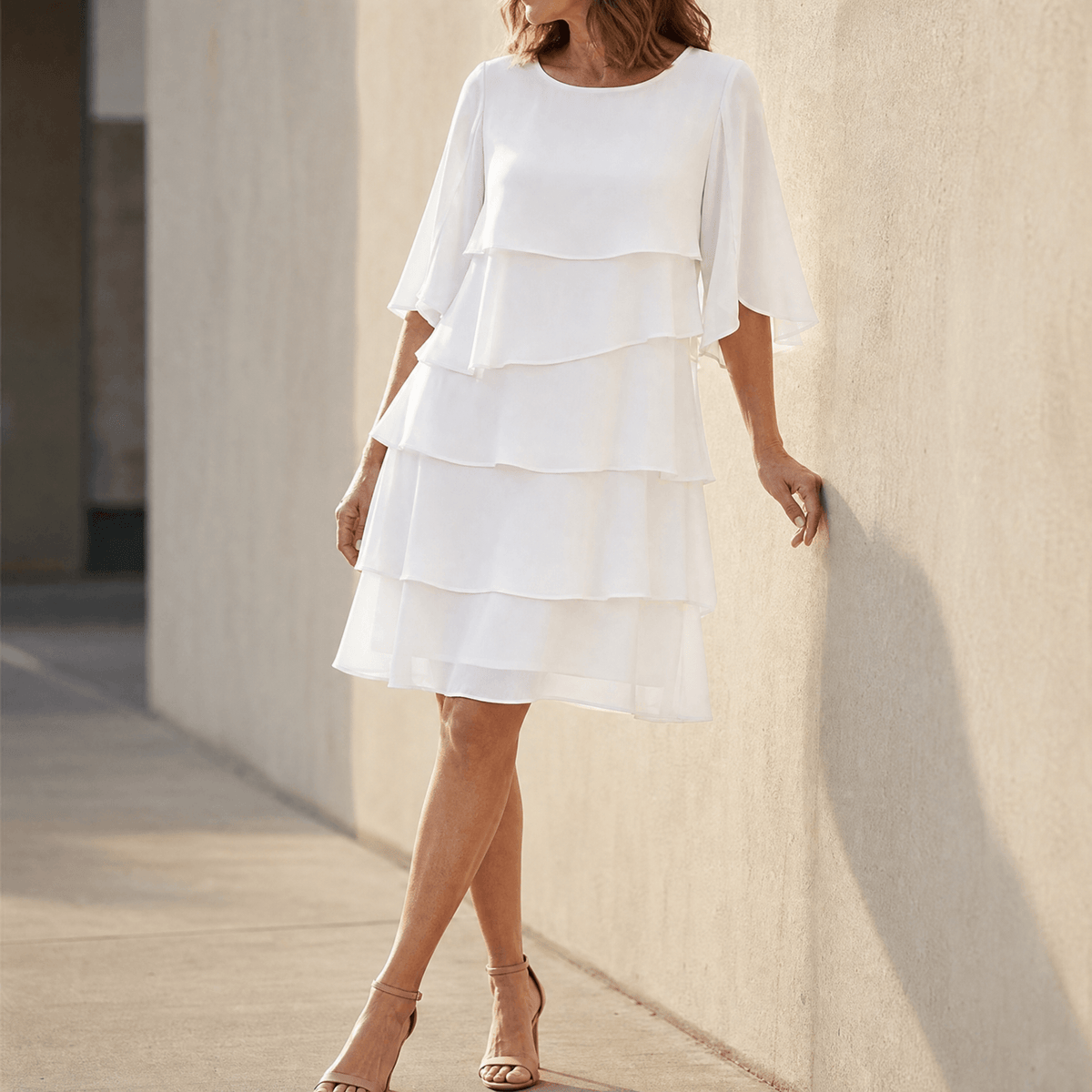 Summer Dress Women Four Tier Ruffle Flutter Sleeve Knee Length