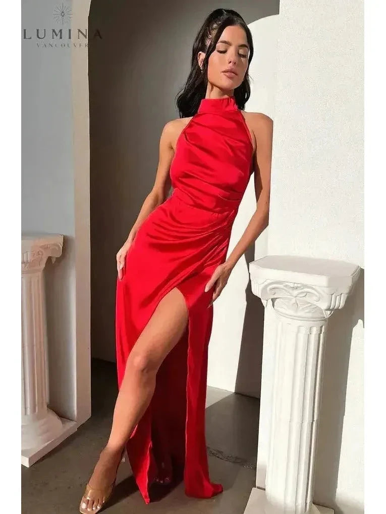 Halterneck Dress Women Sleeveless Slit Maxi | Perla