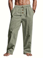 Men Linen Pants Relaxed Fit Drawstring Straight Leg | Kira