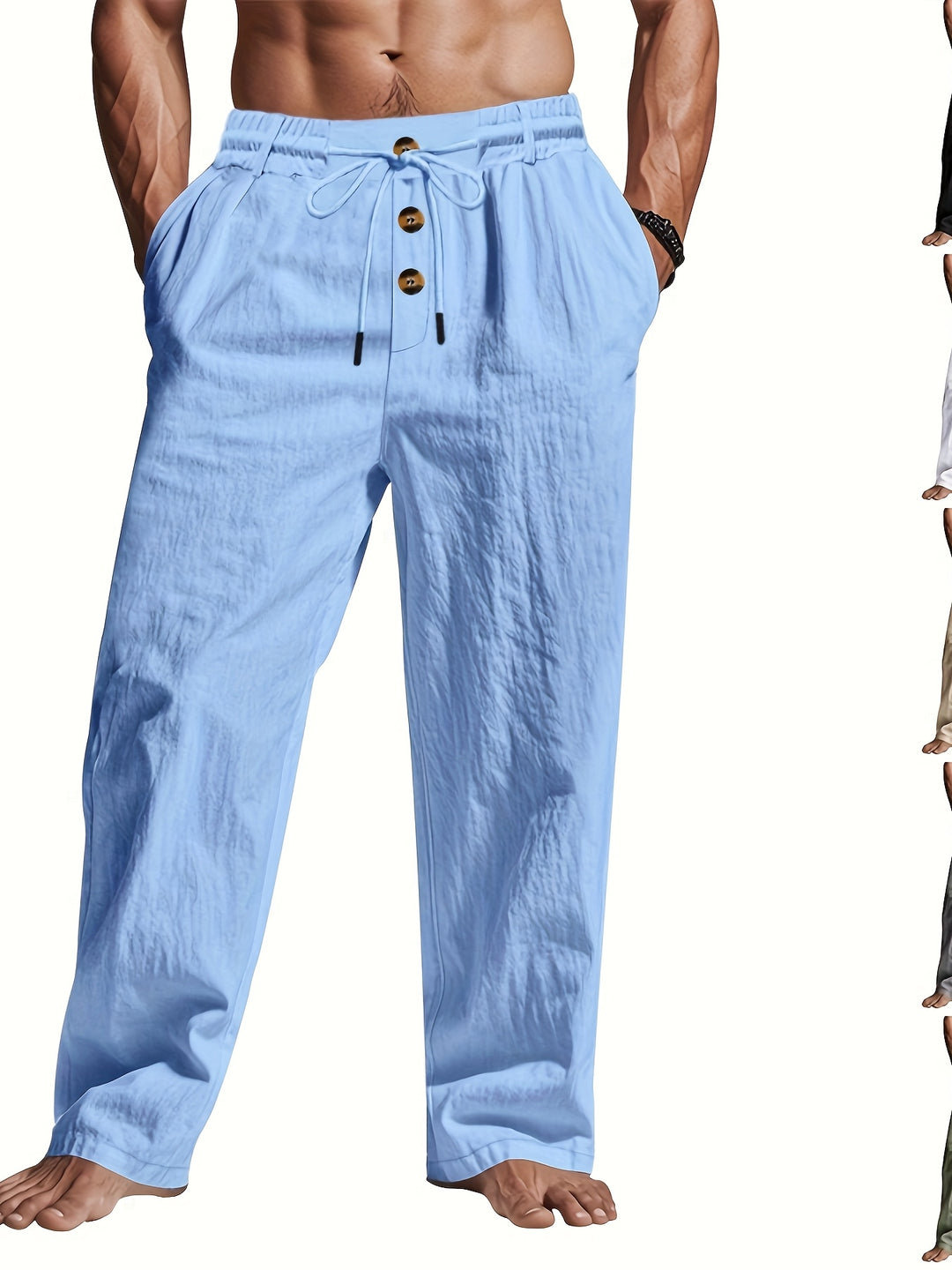 Men Linen Pants Relaxed Fit Drawstring Straight Leg | Kira