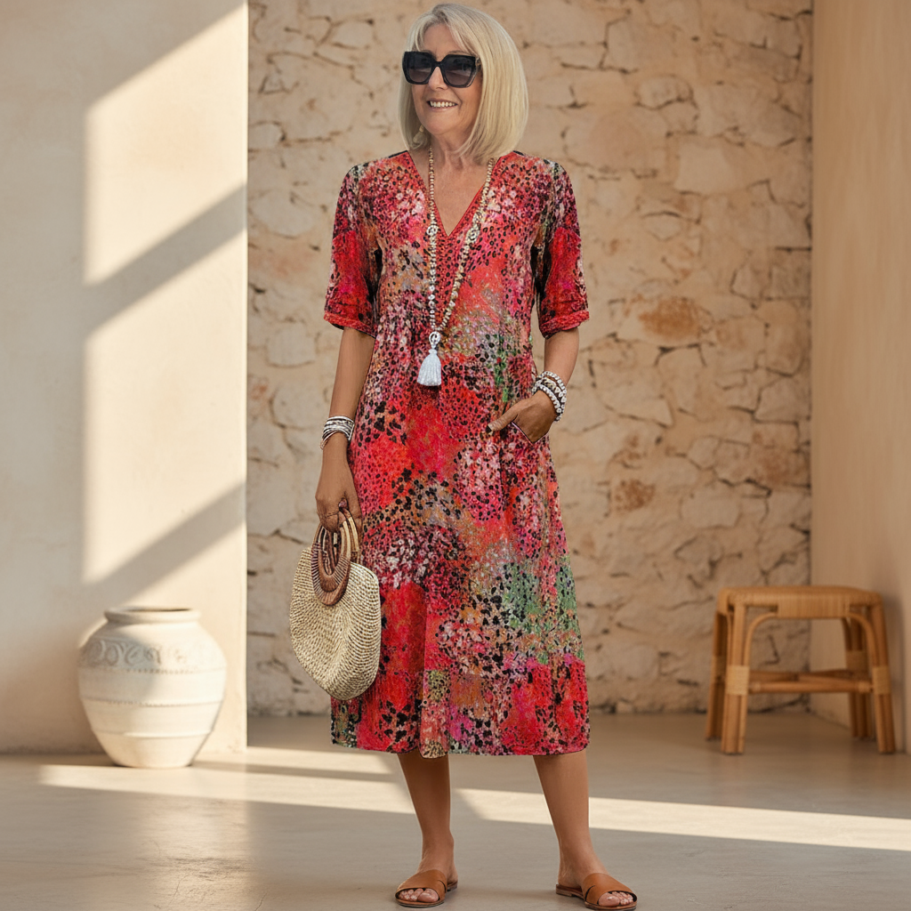 Midi Dress Women Vibrant Pattern Flowy Silhouette Womenswear