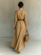 Thea | Maxi Dress | Lapel V-Neck, Belted Waist, Long Sleeve | Cotton Tencel