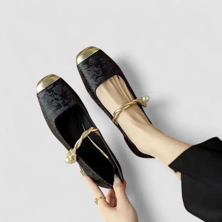 Embla | Ballet Flats | Pearl Embellished, Square Toe, Ankle Strap | Women's