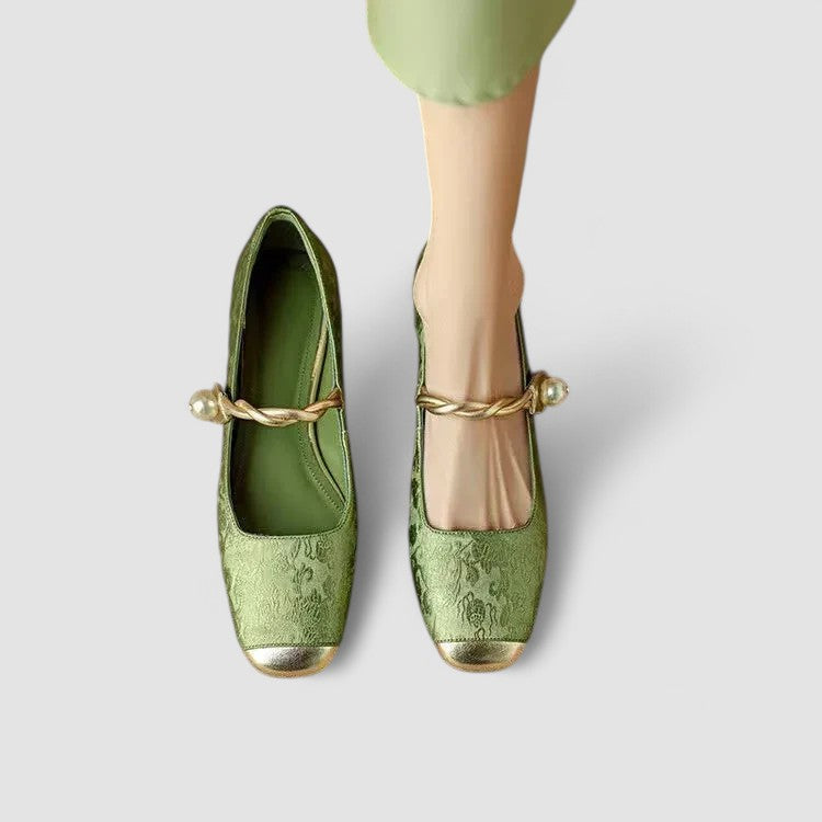 Embla | Ballet Flats | Pearl Embellished, Square Toe, Ankle Strap | Women's