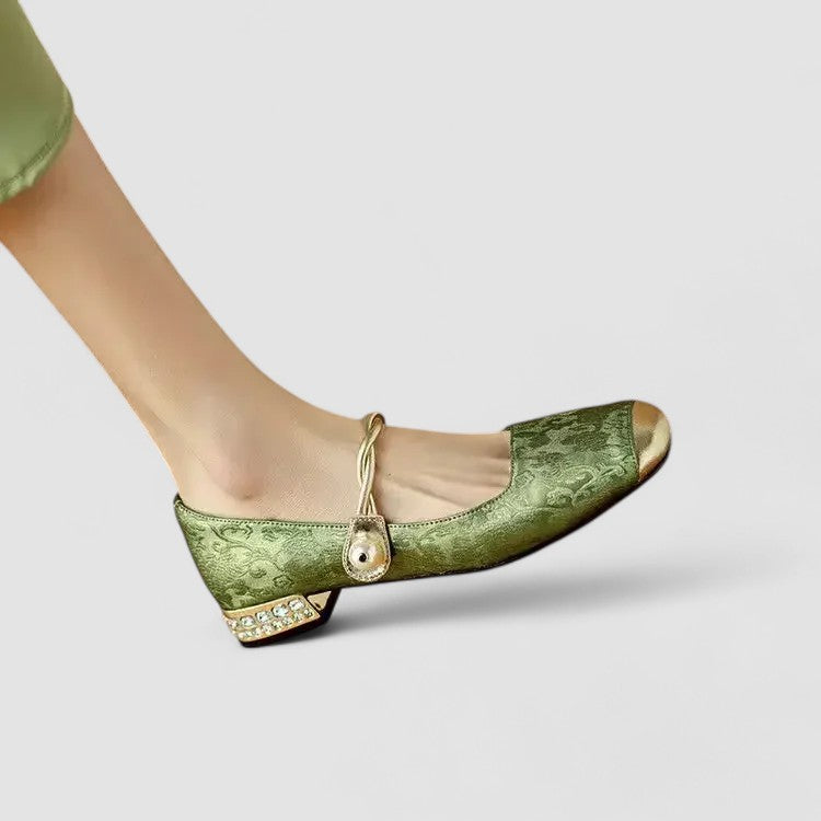 Embla | Ballet Flats | Pearl Embellished, Square Toe, Ankle Strap | Women's