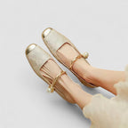 Embla | Ballet Flats | Pearl Embellished, Square Toe, Ankle Strap | Women's